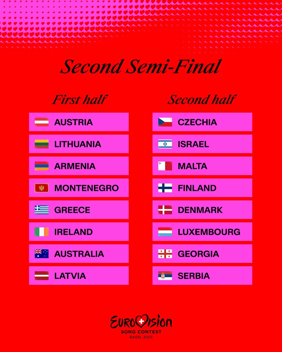 Перечень стран, которые будут выступать во втором полуфинале Евровидения-2025